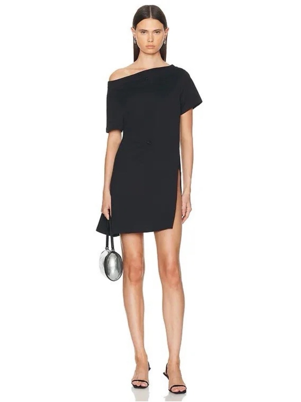 COURREGES PARIS black Cotton Boat Neck mod mini dress XS   E